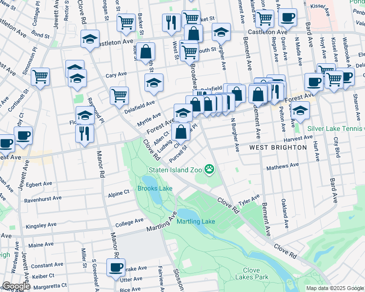 map of restaurants, bars, coffee shops, grocery stores, and more near 21 Clove Lake Place in Staten Island