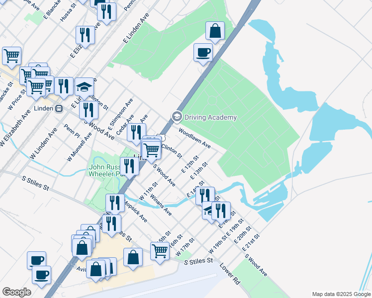 map of restaurants, bars, coffee shops, grocery stores, and more near 135 East 11th Street in Linden