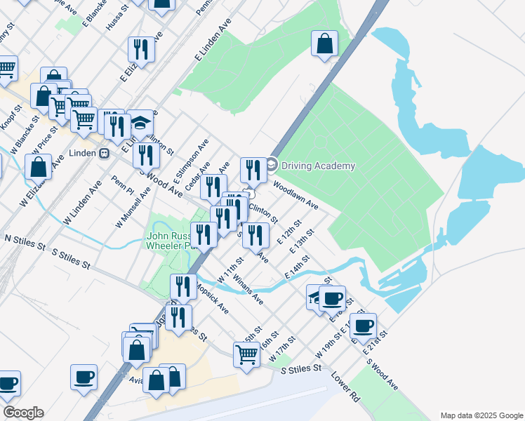map of restaurants, bars, coffee shops, grocery stores, and more near 111 East 10th Street in Linden