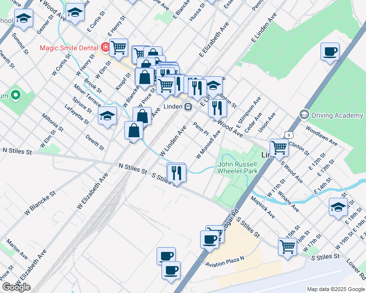 map of restaurants, bars, coffee shops, grocery stores, and more near 219 West Linden Avenue in Linden