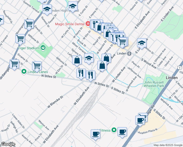 map of restaurants, bars, coffee shops, grocery stores, and more near 609 West Price Street in Linden