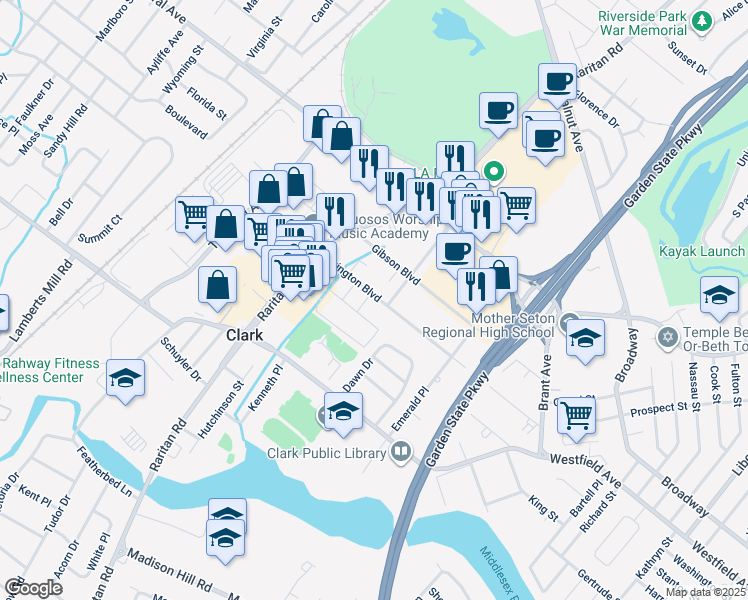 map of restaurants, bars, coffee shops, grocery stores, and more near 205 Lexington Boulevard in Clark