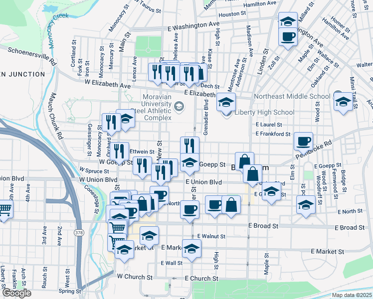 map of restaurants, bars, coffee shops, grocery stores, and more near 40 East Fairview Street in Bethlehem
