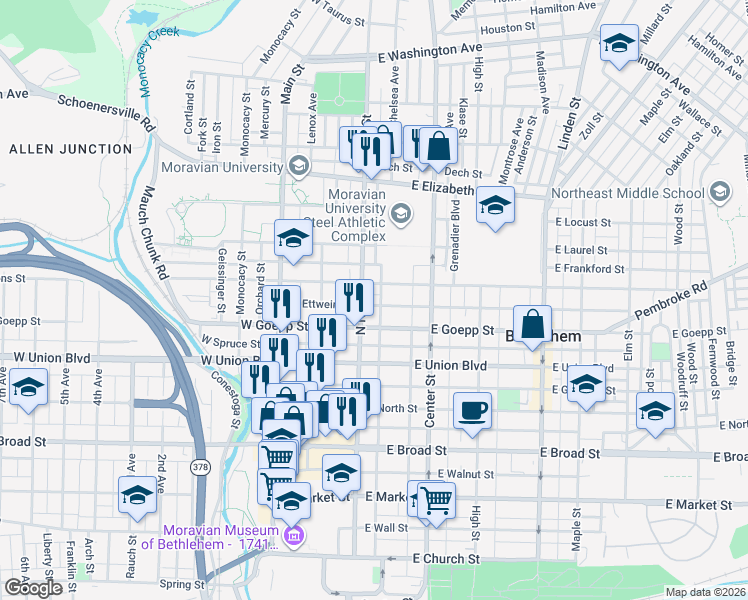 map of restaurants, bars, coffee shops, grocery stores, and more near 940 North New Street in Bethlehem