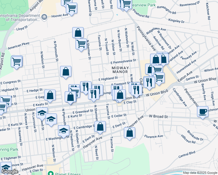 map of restaurants, bars, coffee shops, grocery stores, and more near 2017 East Tremont Street in Allentown