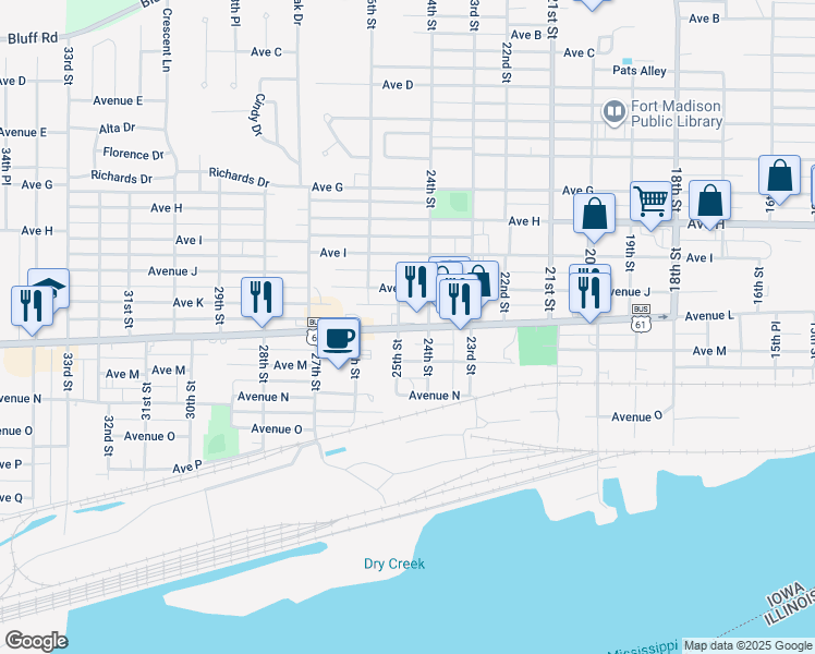 map of restaurants, bars, coffee shops, grocery stores, and more near 2469 Iowa 2 in Fort Madison