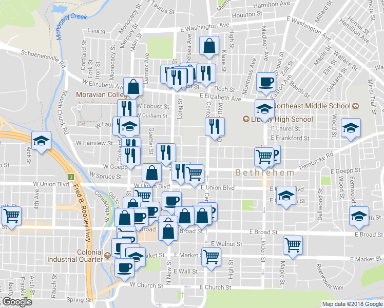map of restaurants, bars, coffee shops, grocery stores, and more near 41 East Ettwein Street in Bethlehem