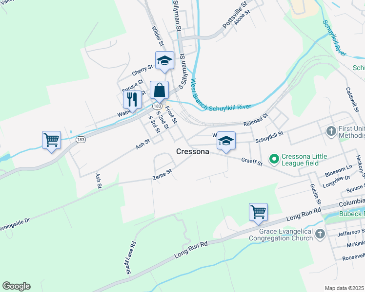 map of restaurants, bars, coffee shops, grocery stores, and more near 103 Front Street in Cressona