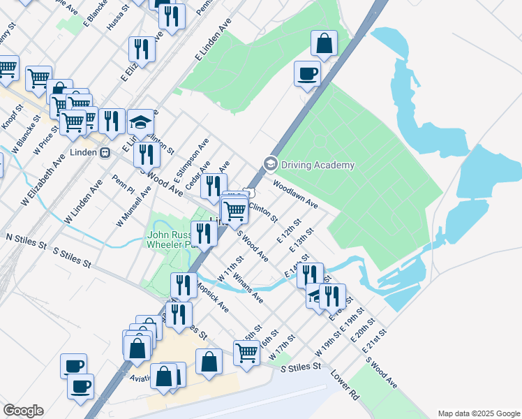 map of restaurants, bars, coffee shops, grocery stores, and more near 111 East 10th Street in Linden