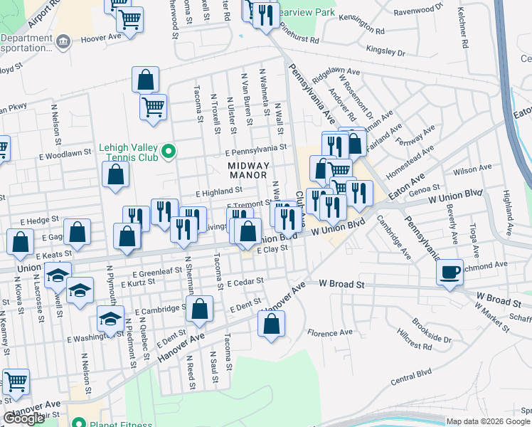 map of restaurants, bars, coffee shops, grocery stores, and more near 1020 North Wahneta Street in Allentown