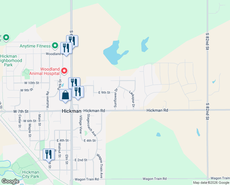 map of restaurants, bars, coffee shops, grocery stores, and more near 1426 East 9th Street in Hickman