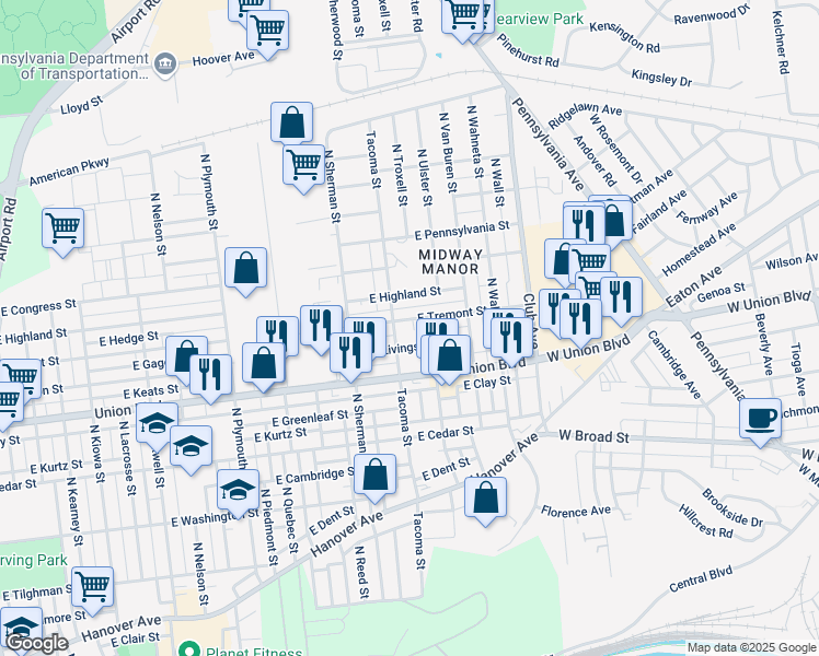 map of restaurants, bars, coffee shops, grocery stores, and more near 2017 East Tremont Street in Allentown