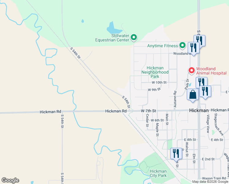 map of restaurants, bars, coffee shops, grocery stores, and more near 18760 South 54th Street in Hickman