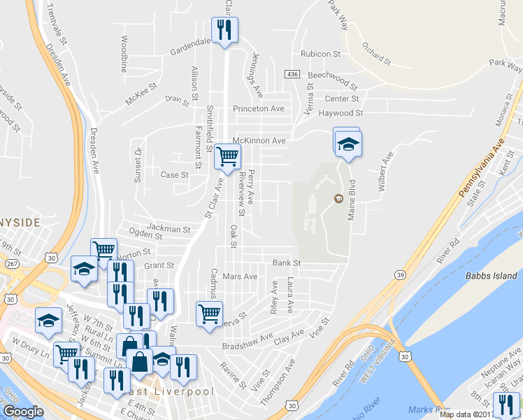 map of restaurants, bars, coffee shops, grocery stores, and more near 1064 Jennings Avenue in East Liverpool