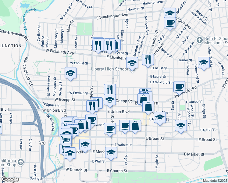 map of restaurants, bars, coffee shops, grocery stores, and more near 930 Center Street in Bethlehem