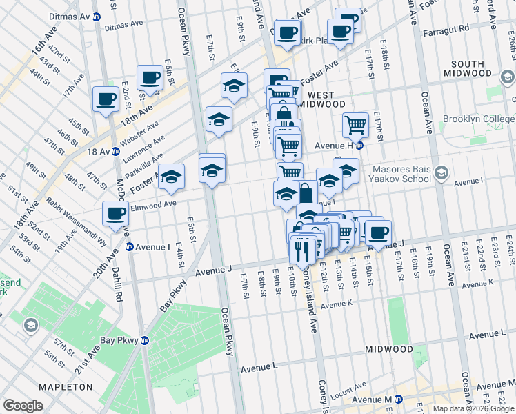 map of restaurants, bars, coffee shops, grocery stores, and more near 874 East 9th Street in Brooklyn