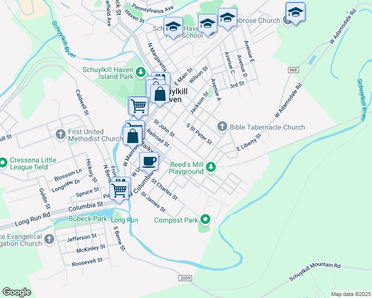 map of restaurants, bars, coffee shops, grocery stores, and more near 304 Saint John Street in Schuylkill Haven