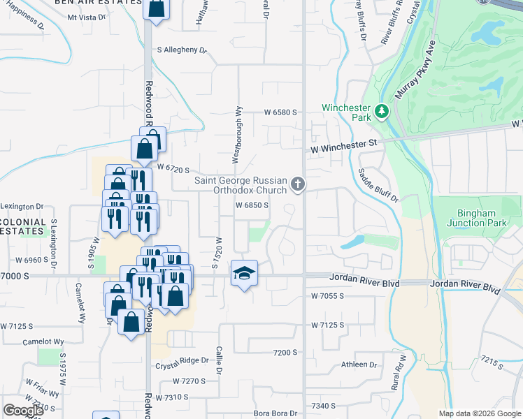 map of restaurants, bars, coffee shops, grocery stores, and more near 6832 McNae Way in West Jordan