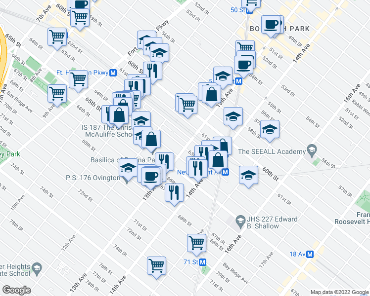 map of restaurants, bars, coffee shops, grocery stores, and more near 63rd Street in Brooklyn