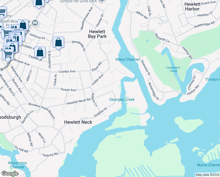 map of restaurants, bars, coffee shops, grocery stores, and more near 316 Hewlett Neck Road in Woodmere