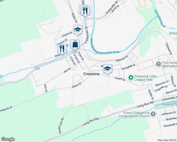 map of restaurants, bars, coffee shops, grocery stores, and more near 103 Front Street in Cressona