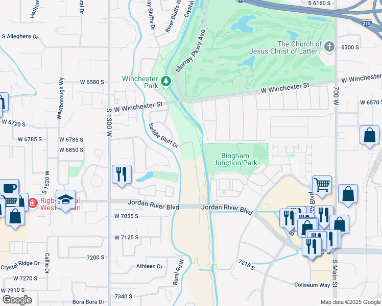 map of restaurants, bars, coffee shops, grocery stores, and more near 6802 Triumph Lane in West Jordan