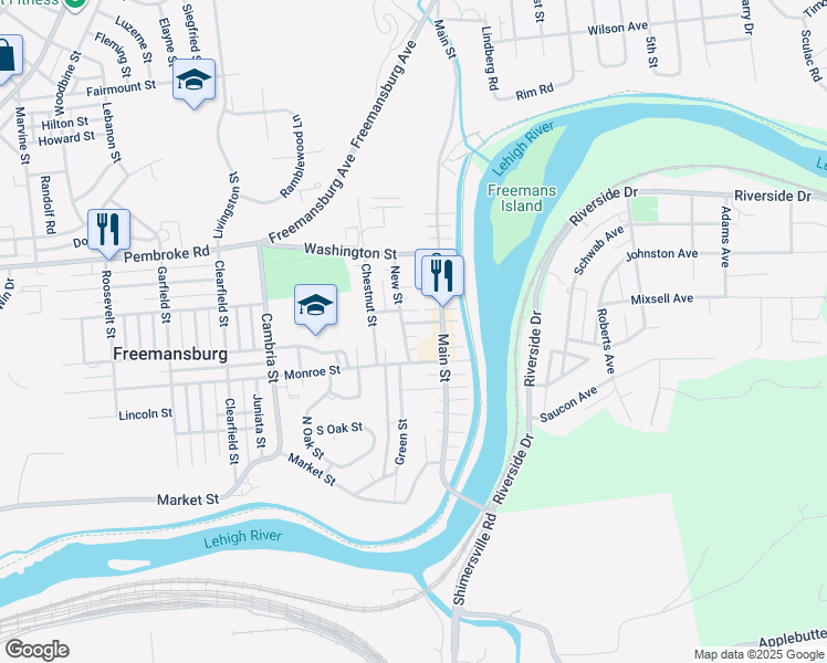 map of restaurants, bars, coffee shops, grocery stores, and more near 144 Madison Street in Freemansburg