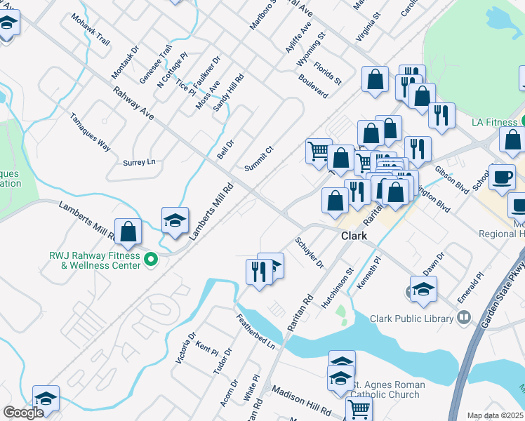 map of restaurants, bars, coffee shops, grocery stores, and more near 1255 Westfield Avenue in Clark