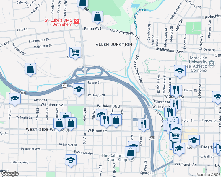 map of restaurants, bars, coffee shops, grocery stores, and more near 941 5th Avenue in Bethlehem