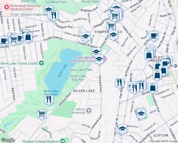 map of restaurants, bars, coffee shops, grocery stores, and more near 630 Victory Boulevard in Staten Island