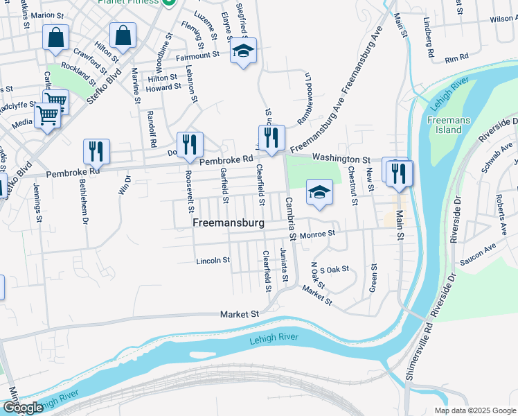 map of restaurants, bars, coffee shops, grocery stores, and more near 350 Clearfield Street in Freemansburg