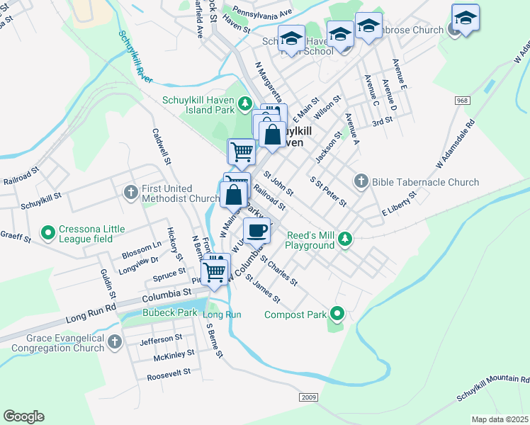 map of restaurants, bars, coffee shops, grocery stores, and more near 27 Parkway in Schuylkill Haven