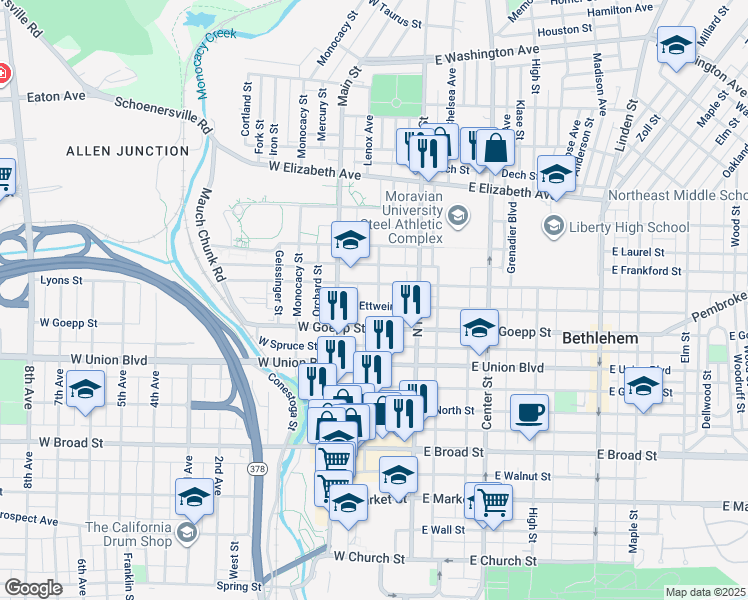 map of restaurants, bars, coffee shops, grocery stores, and more near 33 West Fairview Street in Bethlehem