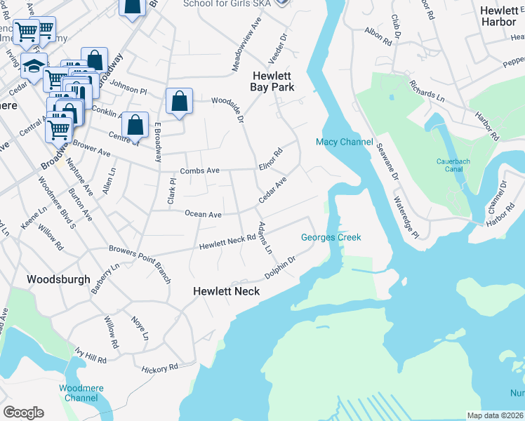 map of restaurants, bars, coffee shops, grocery stores, and more near 245 Cedar Avenue in Hewlett