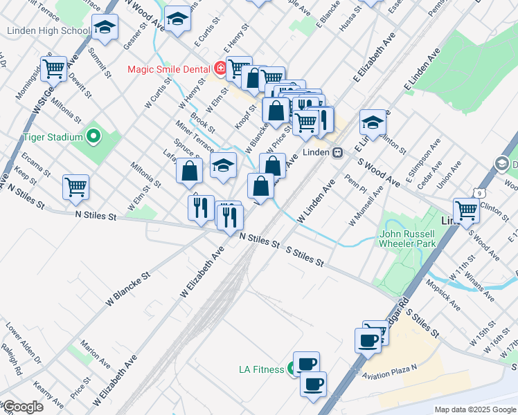 map of restaurants, bars, coffee shops, grocery stores, and more near 420 West Elizabeth Avenue in Linden