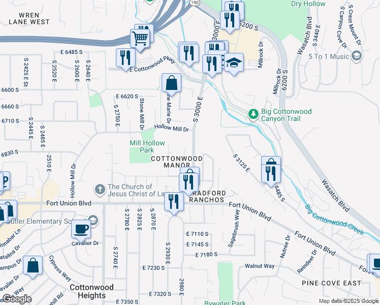 map of restaurants, bars, coffee shops, grocery stores, and more near 6798 Pine View Circle in Cottonwood Heights
