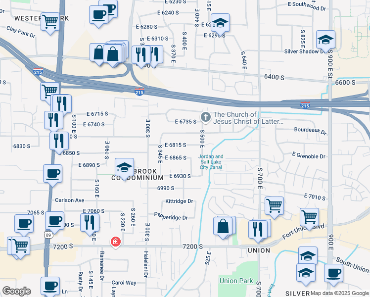 map of restaurants, bars, coffee shops, grocery stores, and more near 425 East 6815 South in Midvale