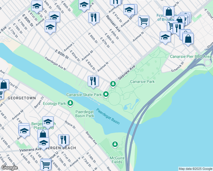 map of restaurants, bars, coffee shops, grocery stores, and more near 44 Paerdegat 15th Street in Brooklyn