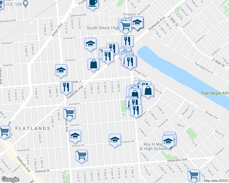 map of restaurants, bars, coffee shops, grocery stores, and more near 1109 East 58th Street in Brooklyn