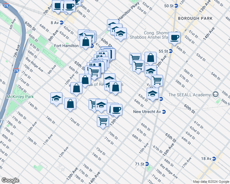 map of restaurants, bars, coffee shops, grocery stores, and more near 1175 65th Street in Brooklyn