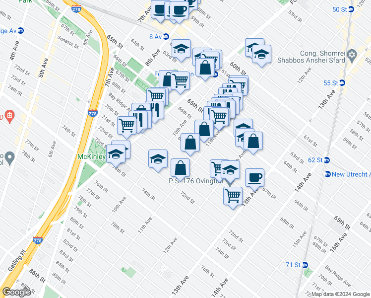 map of restaurants, bars, coffee shops, grocery stores, and more near 1055 68th Street in Brooklyn