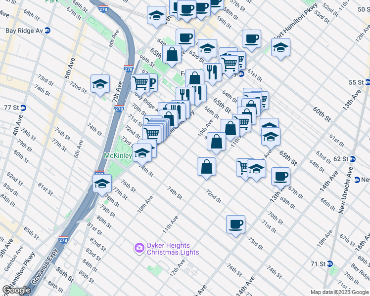 map of restaurants, bars, coffee shops, grocery stores, and more near 969 70th Street in Brooklyn