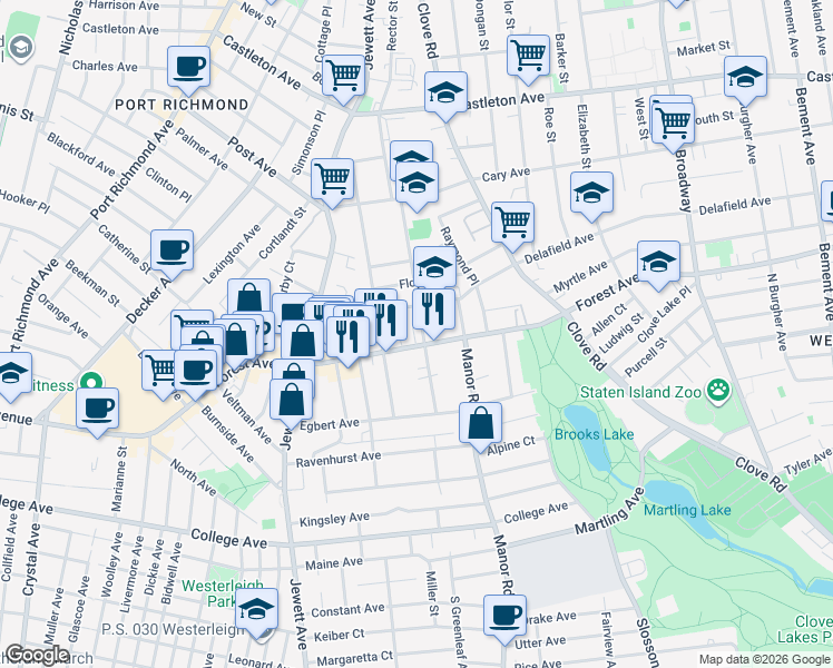 map of restaurants, bars, coffee shops, grocery stores, and more near 126 Greenleaf Avenue in Staten Island