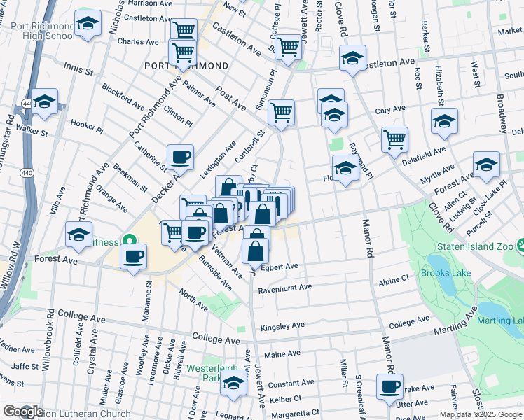 map of restaurants, bars, coffee shops, grocery stores, and more near 382 Jewett Avenue in Staten Island