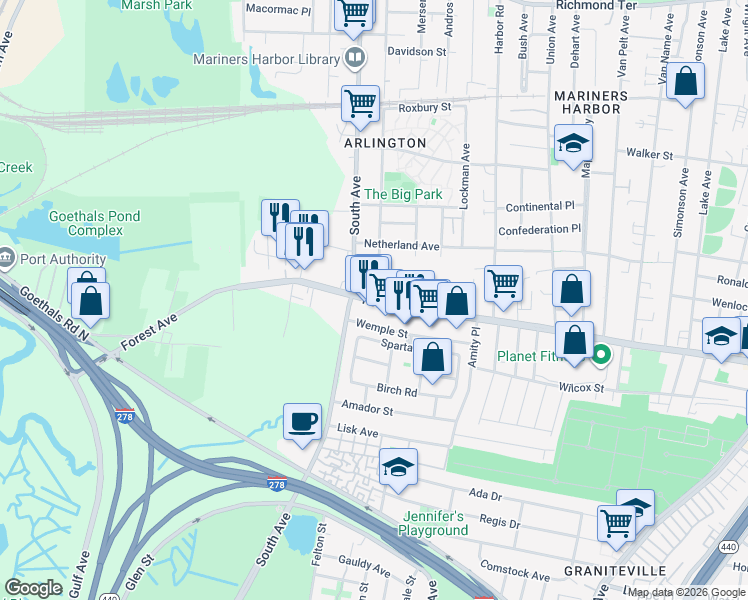 map of restaurants, bars, coffee shops, grocery stores, and more near 2295 Forest Avenue in Staten Island