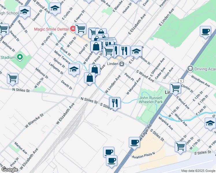 map of restaurants, bars, coffee shops, grocery stores, and more near 244 West Linden Avenue in Linden