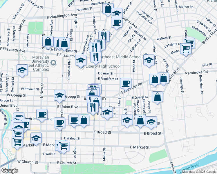 map of restaurants, bars, coffee shops, grocery stores, and more near 336 East Fairview Street in Bethlehem