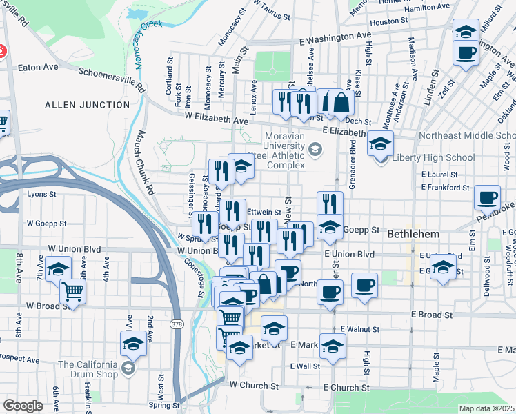 map of restaurants, bars, coffee shops, grocery stores, and more near 33 West Fairview Street in Bethlehem