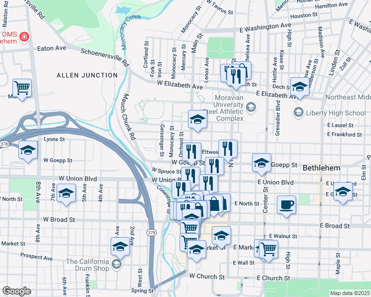 map of restaurants, bars, coffee shops, grocery stores, and more near 117 West Fairview Street in Bethlehem