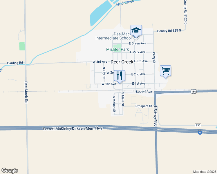 map of restaurants, bars, coffee shops, grocery stores, and more near 201-209 West 1st Avenue in Deer Creek